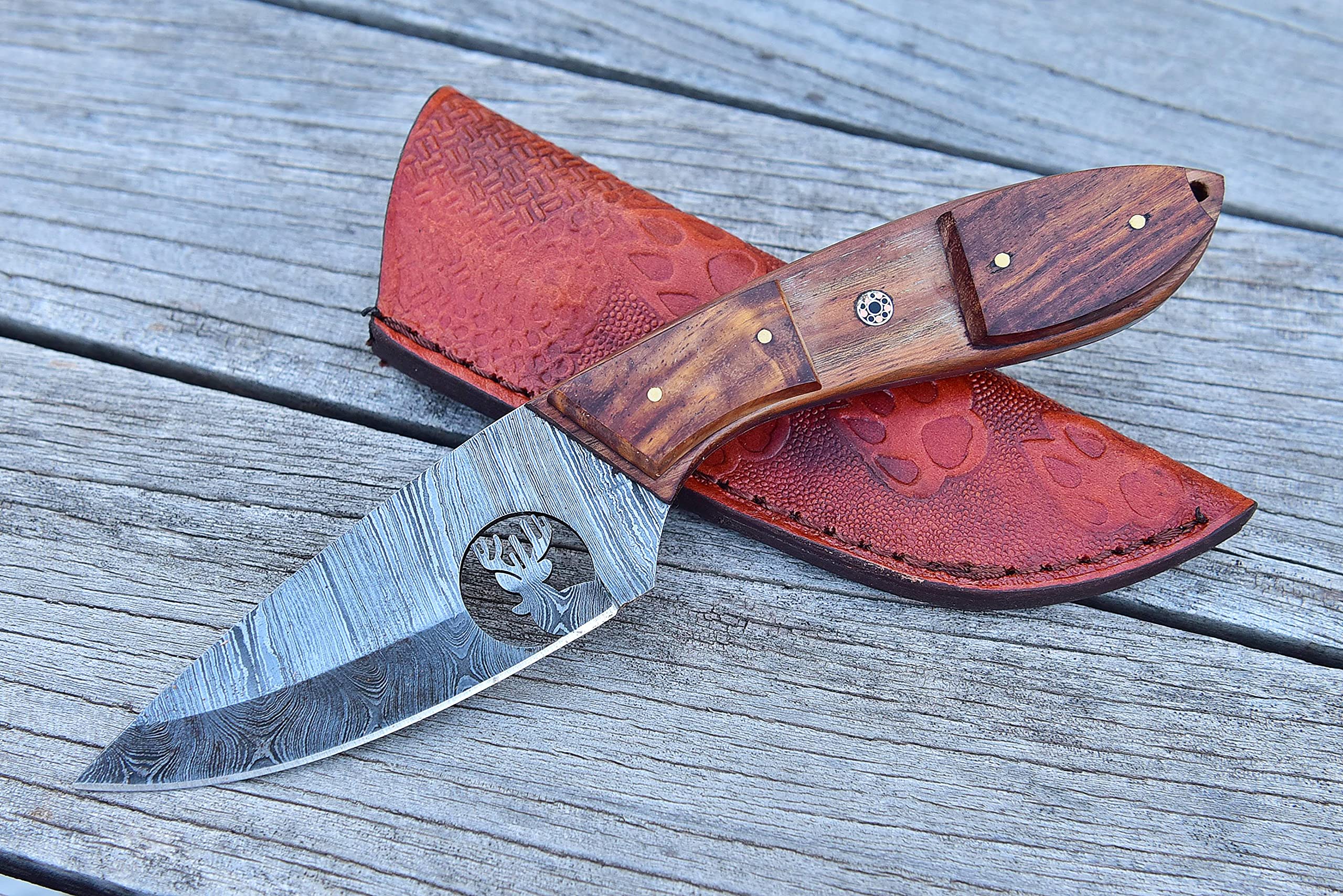 Damascus Hunting Knife - Handmade Knife, Hand Forged Fixed Blade Knife, Camping Knife & Hunting Knives - Gift Knives & Bowi Knives with Rose Wood Handle - Leather Knife Sheath