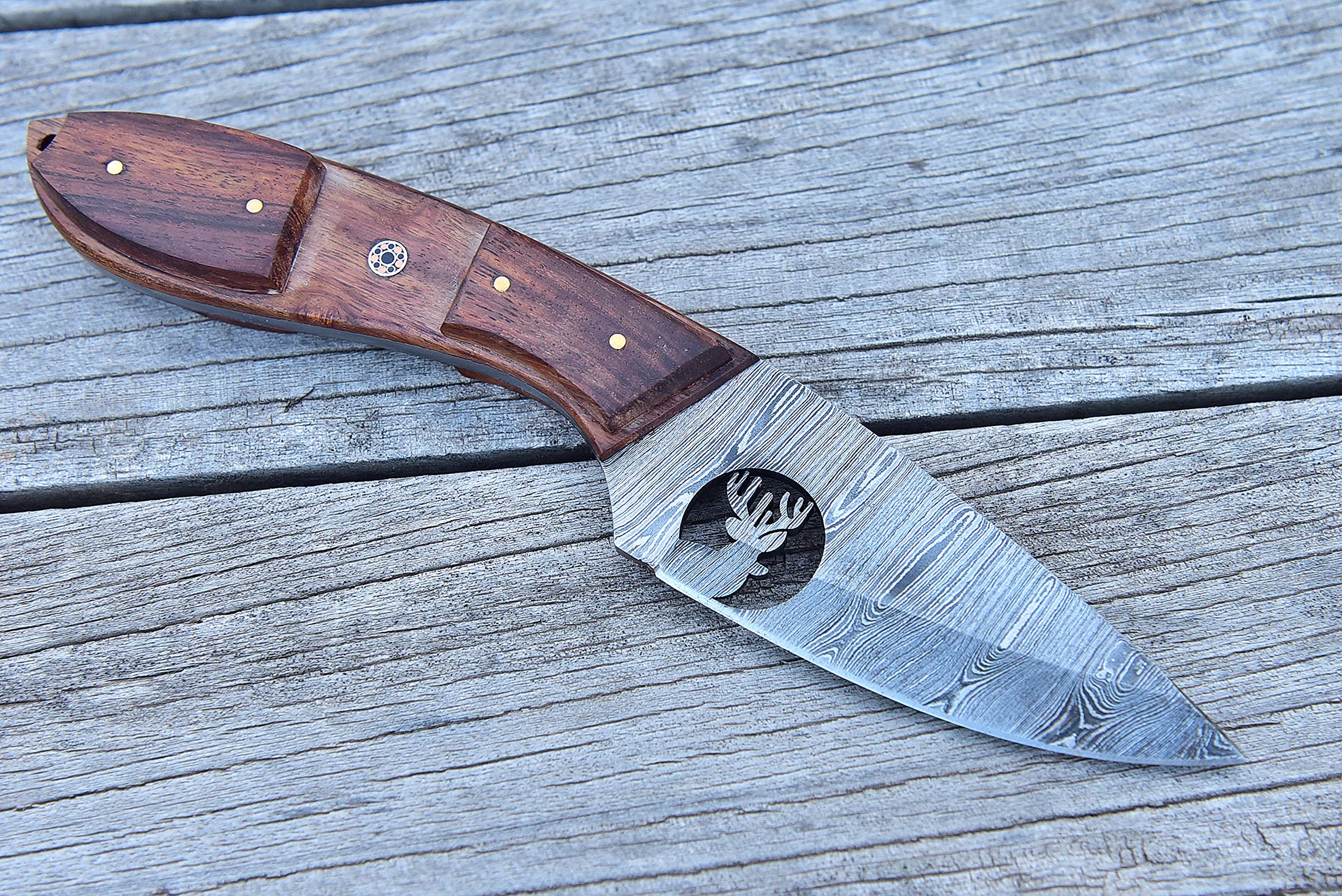 Damascus Hunting Knife - Handmade Knife, Hand Forged Fixed Blade Knife, Camping Knife & Hunting Knives - Gift Knives & Bowi Knives with Rose Wood Handle - Leather Knife Sheath