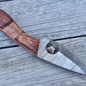 Damascus Hunting Knife - Handmade Knife, Hand Forged Fixed Blade Knife, Camping Knife & Hunting Knives - Gift Knives & Bowi Knives with Rose Wood Handle - Leather Knife Sheath