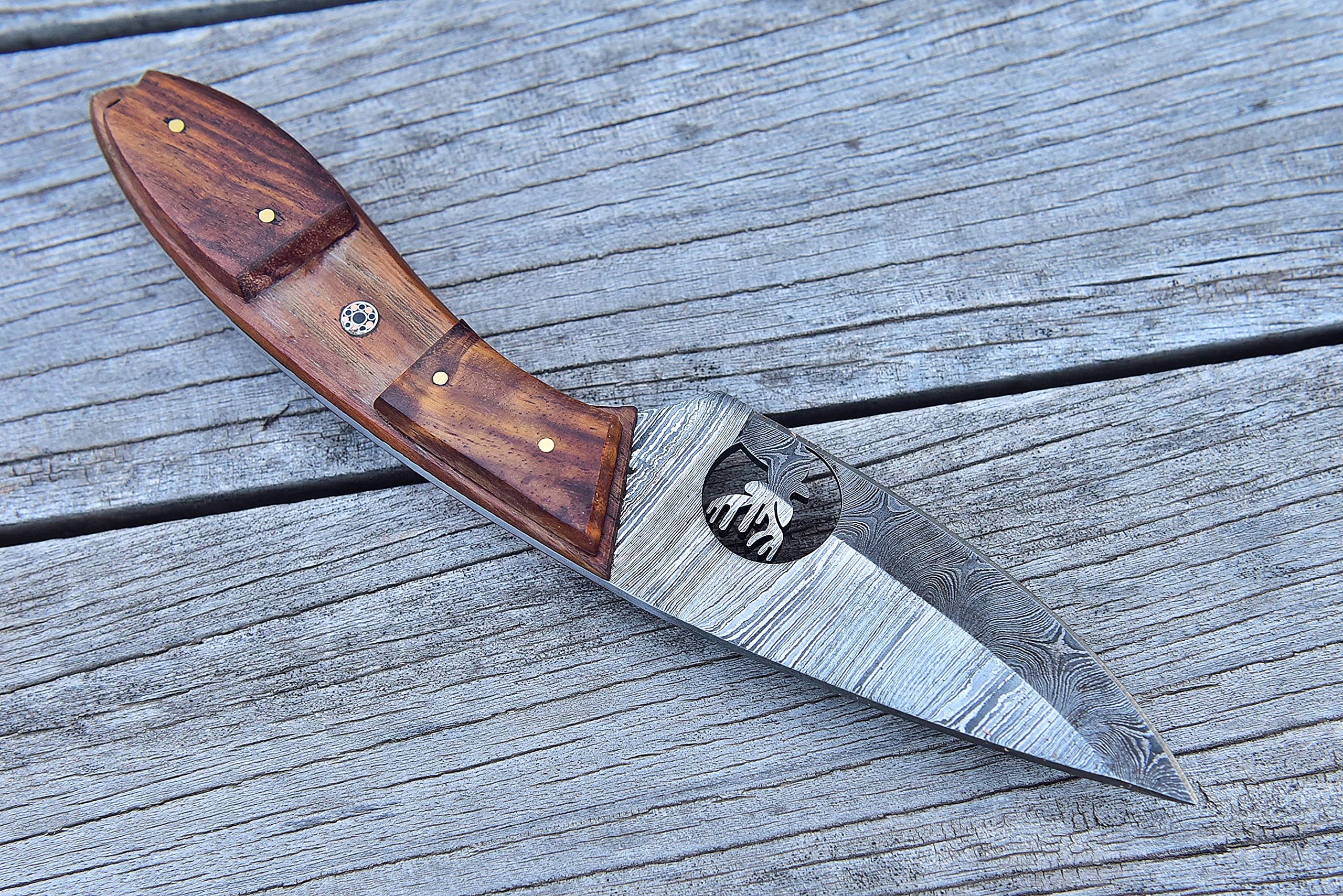 Damascus Hunting Knife - Handmade Knife, Hand Forged Fixed Blade Knife, Camping Knife & Hunting Knives - Gift Knives & Bowi Knives with Rose Wood Handle - Leather Knife Sheath