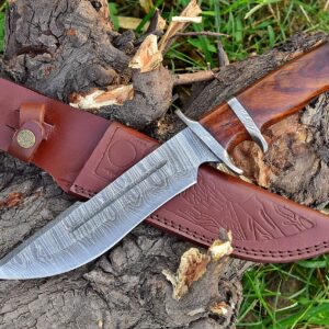 Damascus Hunting Knife, Handmade Full Tang Knife - Wood Handle Knife, Hand Forged Fixed Blade Knife & Bowi Knife - Camping Knives & Hiking Knives, Rose Wood Handle - Leather Knife Sheath