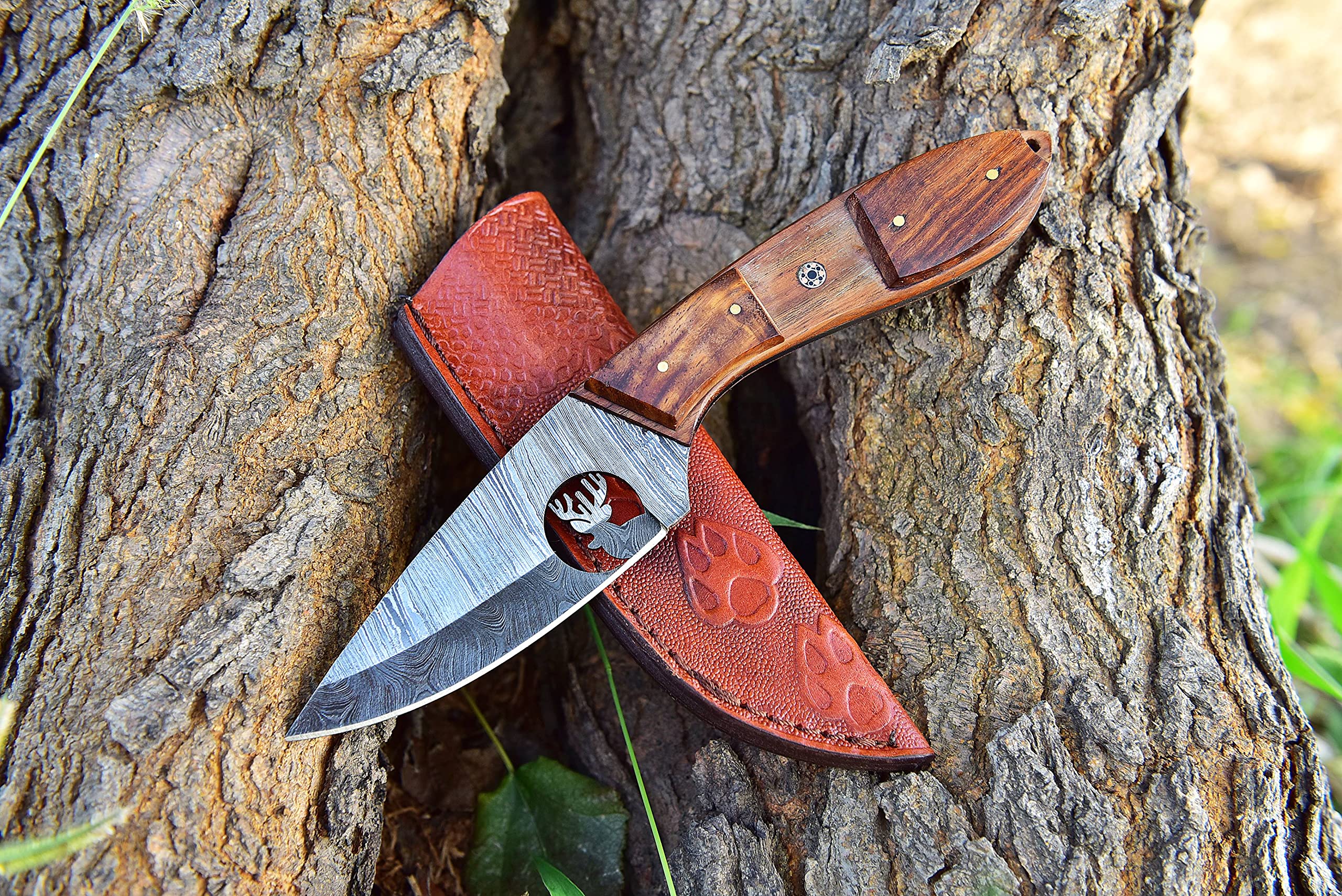 Damascus Hunting Knife - Handmade Knife, Hand Forged Fixed Blade Knife, Camping Knife & Hunting Knives - Gift Knives & Bowi Knives with Rose Wood Handle - Leather Knife Sheath