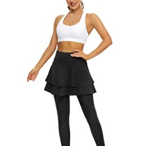 WOWENY Tennis Skirted Leggings with Pockets for Women Golf Skapri Leggings with Skirt (M, 2-Layer Black)