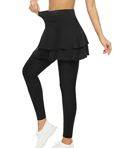 WOWENY Tennis Skirted Leggings with Pockets for Women Golf Skapri Leggings with Skirt (S, 2-Layer Black)