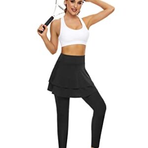 WOWENY Tennis Skirted Leggings with Pockets for Women Golf Skapri Leggings with Skirt (M, 2-Layer Black)