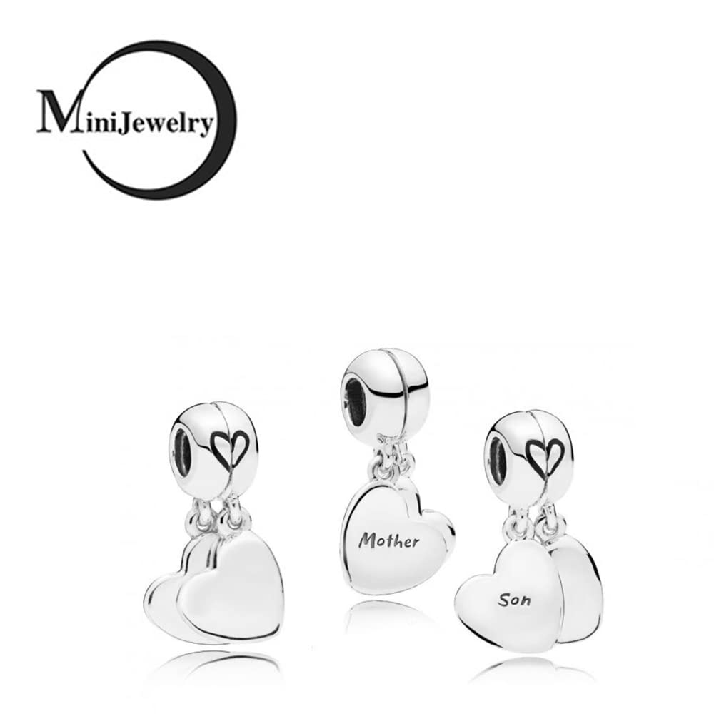 MiniJewelry 2PC Mother Son Love Heart Dangle Charm Compatible with Pandora Bracelets Necklaces Pendants Women Family Birthday Mother's Day Christmas S925 Gift