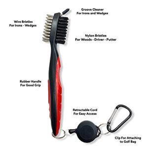 The Golfer's Workshop 4oz Club Cleaning Spray and Golf Club Brush with Groove Cleaner, 2ft Retractable Zip-line, Carabiner Clip (Red)