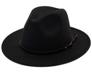 utowo classic black-felt-fedora-hats-for-women, wide-brim-wool-rancher-panama jazz hat with belt-buckle