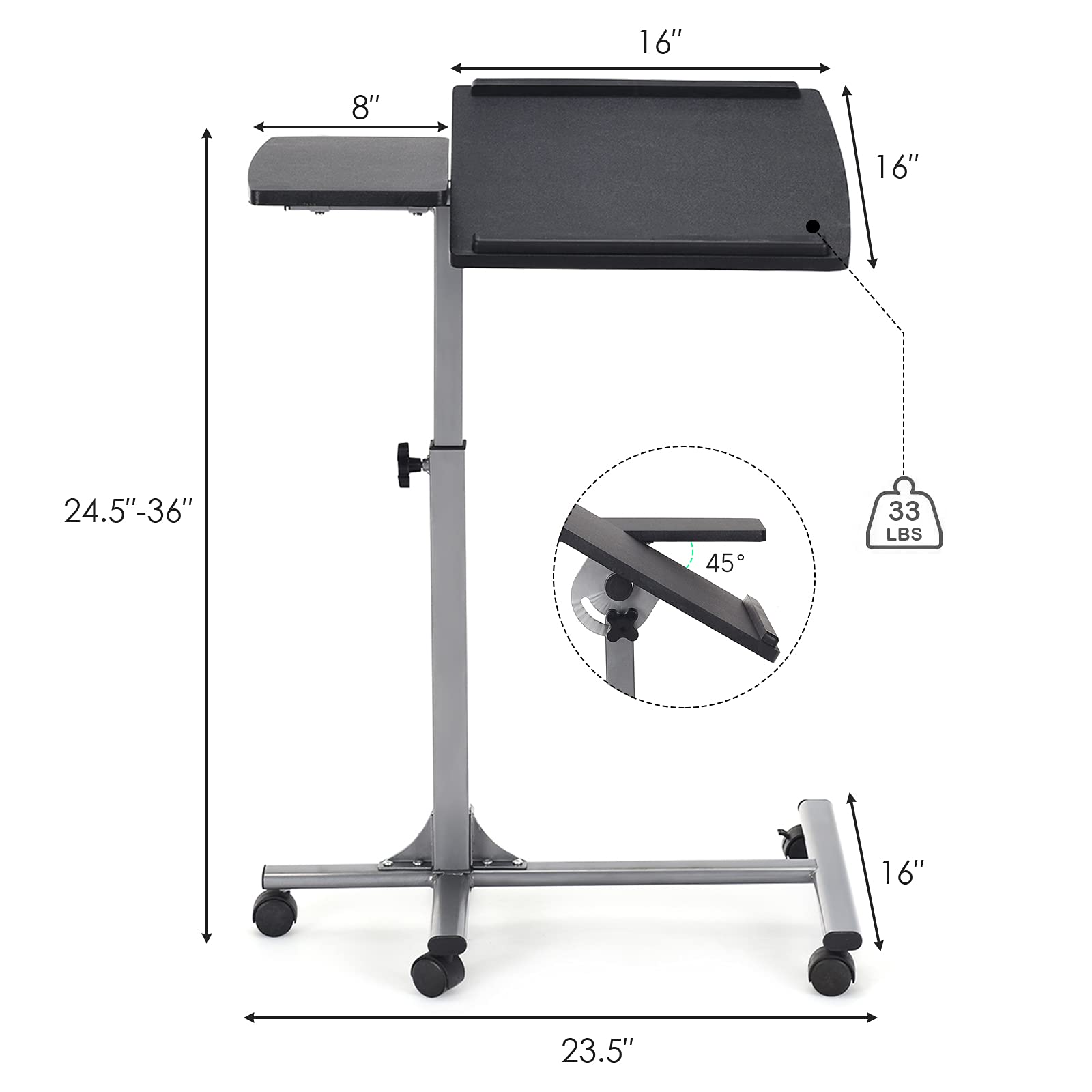 COSTWAY Rolling Laptop Stand, Mobile Laptop Tray and Cart with 45 °Degree Swivel Tilting Tabletop, Height Adjustable Mobile Podium from 24.5'' to 36'', Overbed Computer Workstation Table for Sofa, Bed