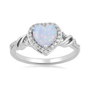 jewelili sterling silver 7 mm heart cut created opal and round created white sapphire heart promise ring, size 8