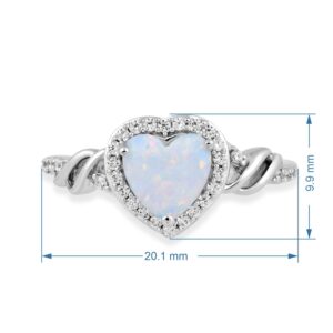 Jewelili Sterling Silver 7 MM Heart Cut Created Opal and Round Created White Sapphire Heart Promise Ring, Size 8