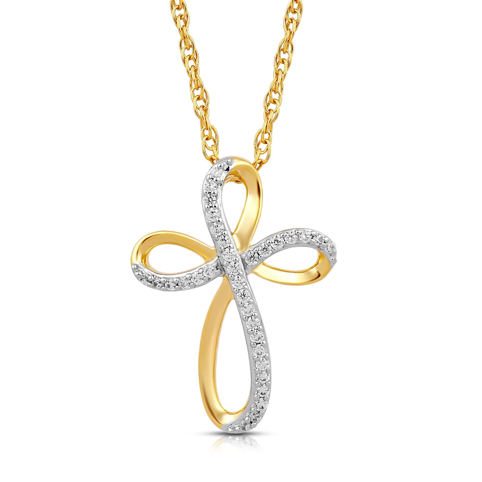 Jewelili 10K Yellow Gold 1/10 Cttw Natural White Round Diamond Cross Pendant Eternal Treasures Necklace, 18" Gold Filled Rope Chain