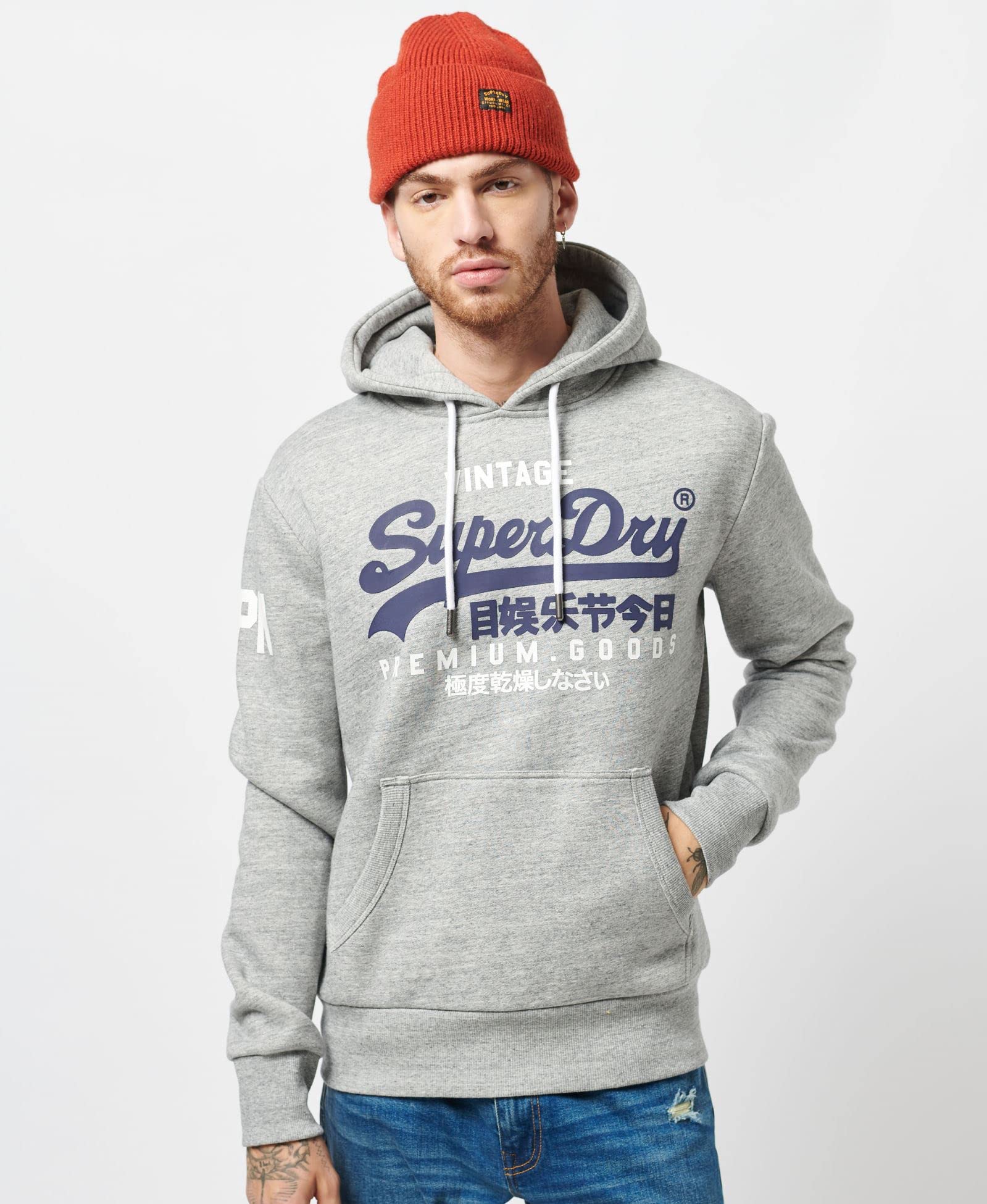 Superdry Mens Organic Cotton Vintage Logo Hoodie, Slim Fit Grey Marl Size Xl