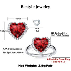 Bestyle 925 Sterling Silver Created Diamond Rings Heart Crytsal Rings for Women, 8mm January Granet Birthstone Gemstone Rings Illuminated by 1mm White Cubic Zirconia