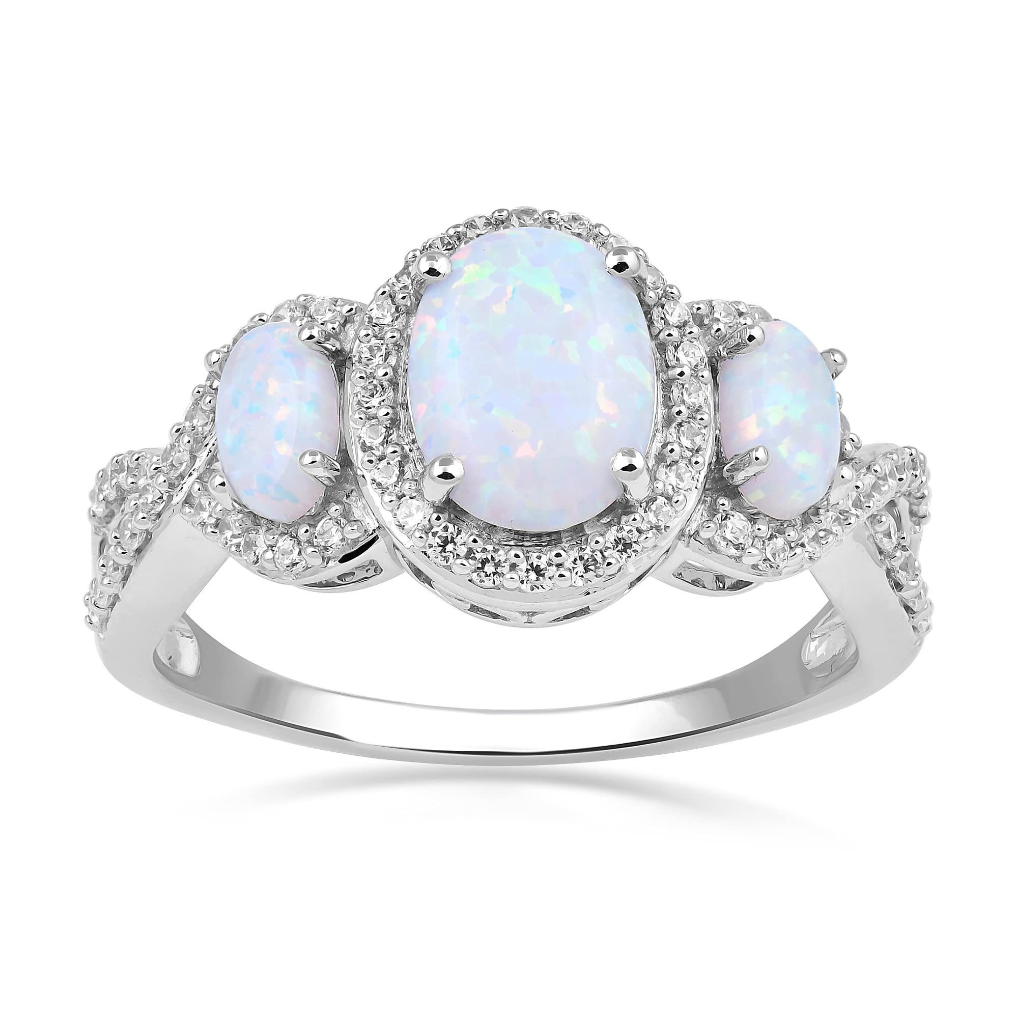 Jewelili Sterling Silver 8X6 MM and 5X3 MM Oval Created Opal and Round Created White Sapphire 3-Stone Engagement Ring, Size 8