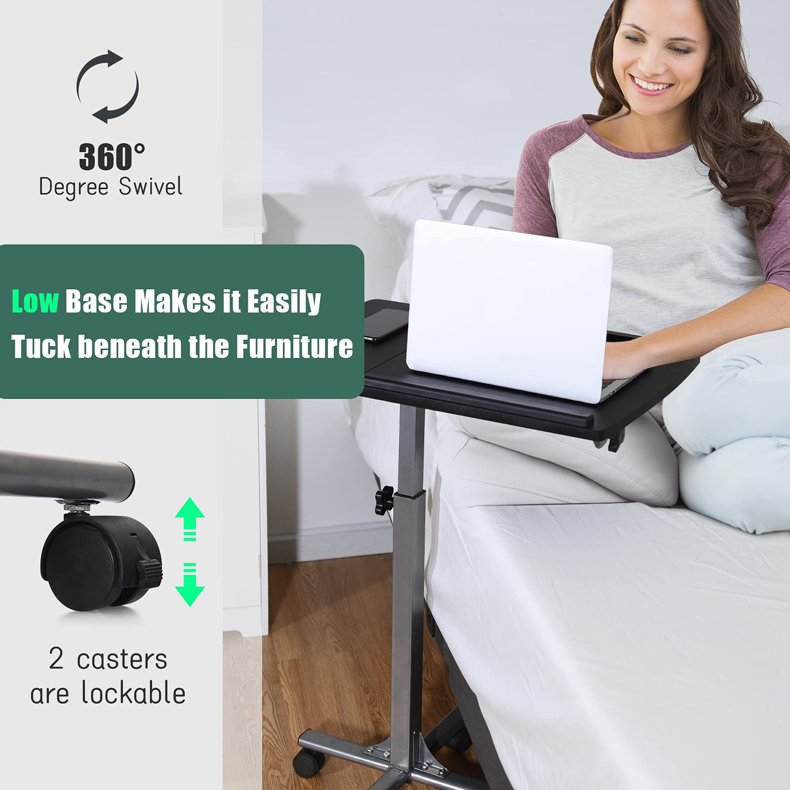 COSTWAY Rolling Laptop Stand, Mobile Laptop Tray and Cart with 45 °Degree Swivel Tilting Tabletop, Height Adjustable Mobile Podium from 24.5'' to 36'', Overbed Computer Workstation Table for Sofa, Bed