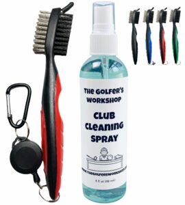 the golfer's workshop 4oz club cleaning spray and golf club brush with groove cleaner, 2ft retractable zip-line, carabiner clip (red)