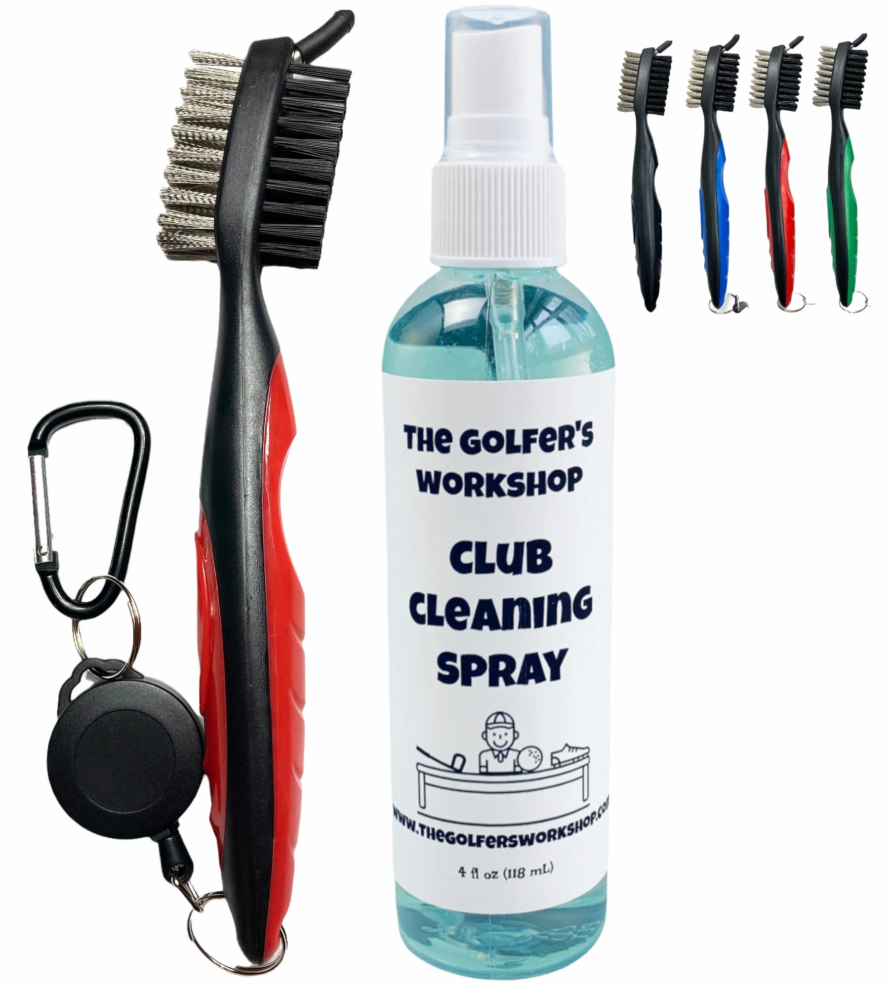 The Golfer's Workshop 4oz Club Cleaning Spray and Golf Club Brush with Groove Cleaner, 2ft Retractable Zip-line, Carabiner Clip (Red)