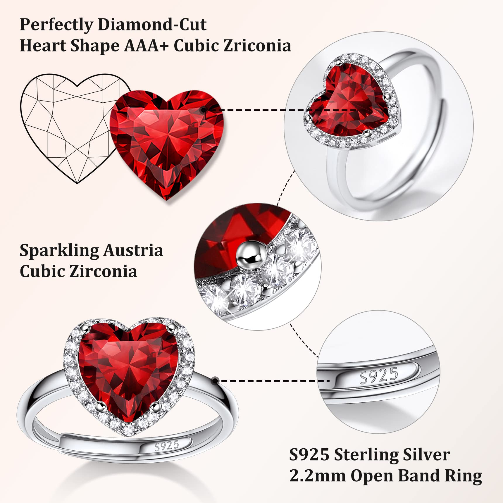 Bestyle 925 Sterling Silver Created Diamond Rings Heart Crytsal Rings for Women, 8mm January Granet Birthstone Gemstone Rings Illuminated by 1mm White Cubic Zirconia