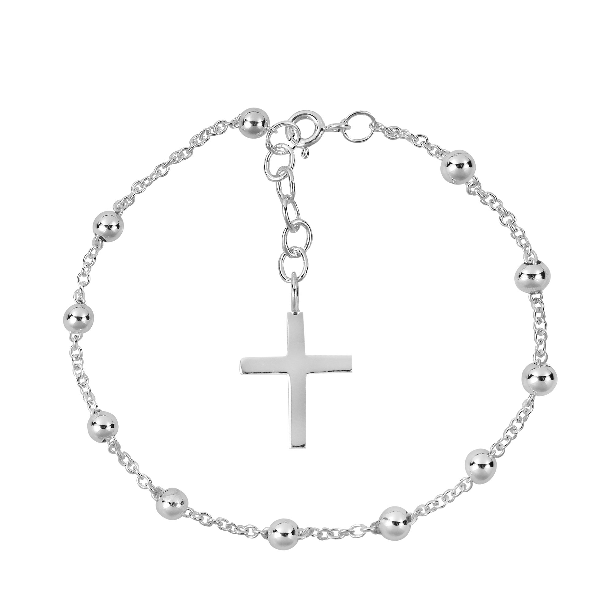 AeraVida Fashionable Cross Charm Satellite Bead Adjustable .925 Sterling Silver Rosary Bracelet | Religous Sterling Silver Bracelet | Modern Jewelry Gifts