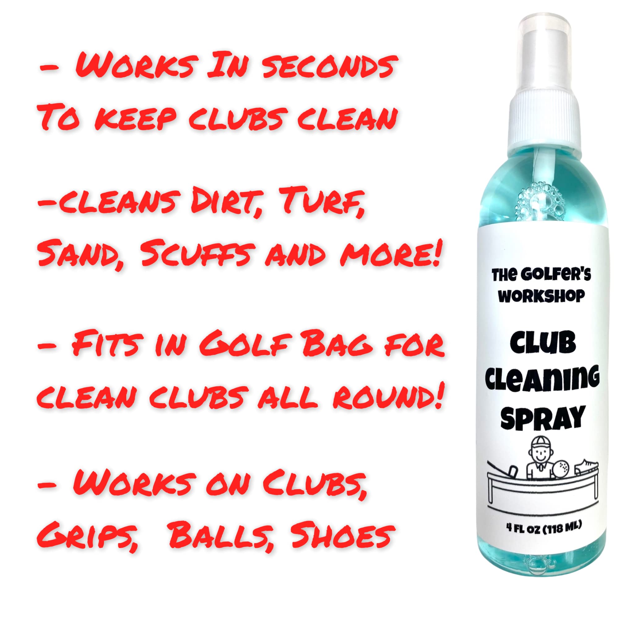 The Golfer's Workshop 4oz Club Cleaning Spray and Golf Club Brush with Groove Cleaner, 2ft Retractable Zip-line, Carabiner Clip (Red)