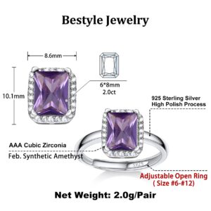 Bestyle 925 Sterling Silver Square Crytsal Cubic Zirconia Rings | Classic Silver February Amethyst Crystal Birthstone Rings for Women, Great Birthday Gift for Daughter/Wife/Mom/Grandma