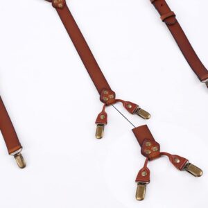 PAHVRION Leather Suspenders For Men 43.7-49.6Inch Y-Back Adjustable Brown Gneuine Leather Suspenders Groomsmen Gift for Wedding