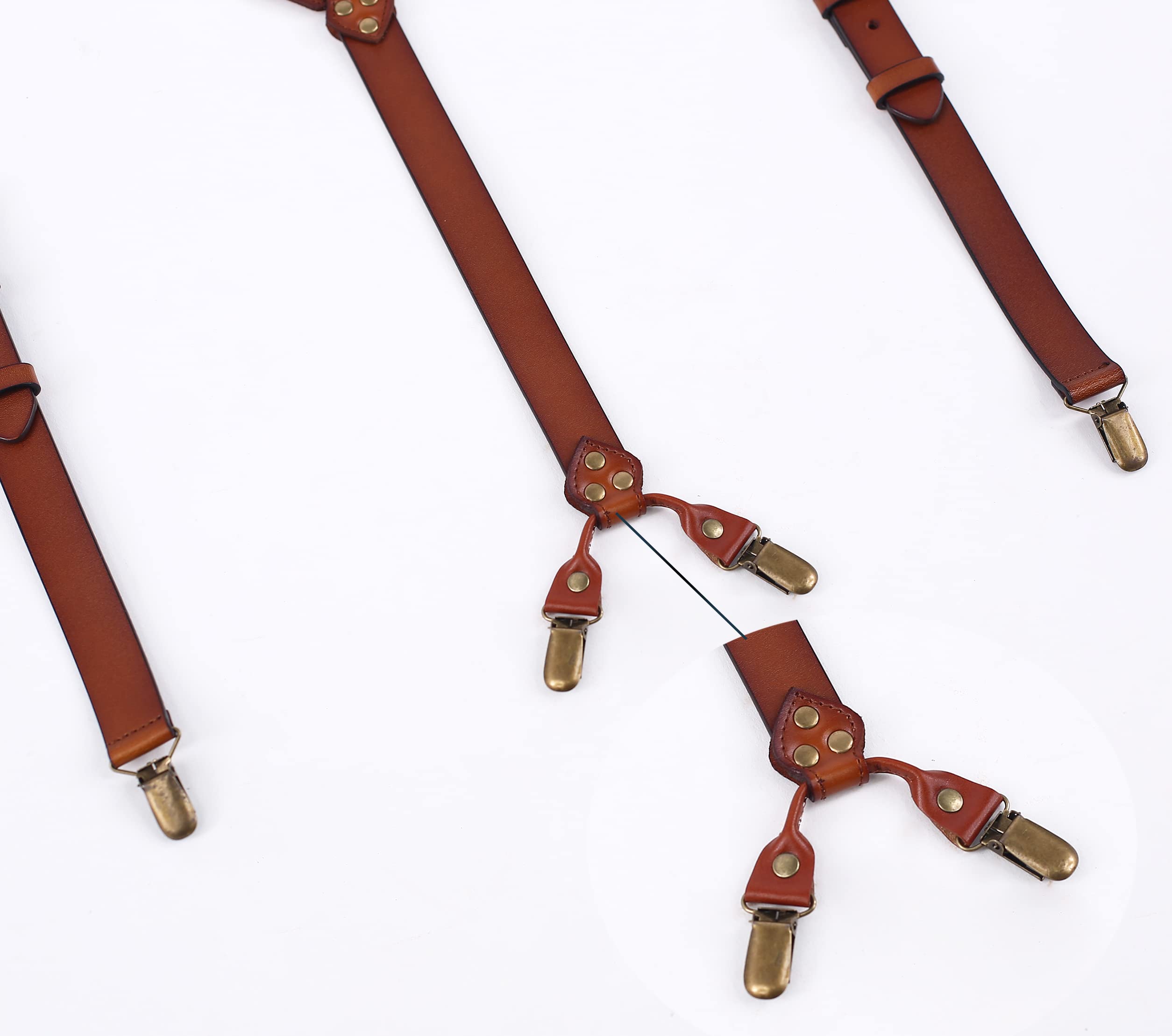 PAHVRION Leather Suspenders For Men 43.7-49.6Inch Y-Back Adjustable Brown Gneuine Leather Suspenders Groomsmen Gift for Wedding