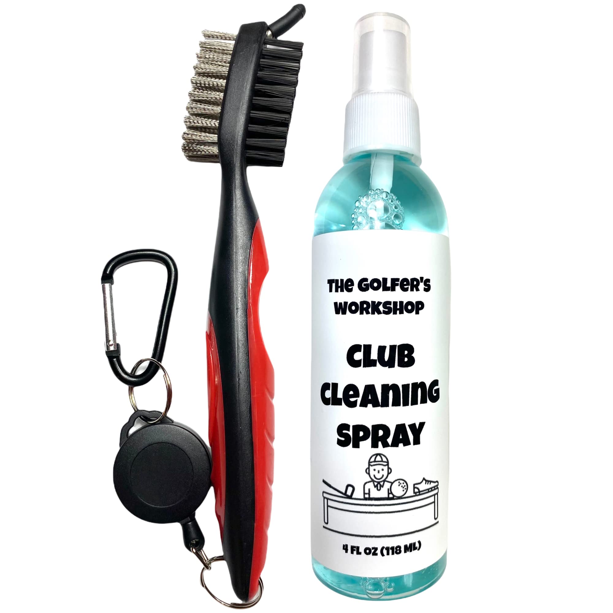 The Golfer's Workshop 4oz Club Cleaning Spray and Golf Club Brush with Groove Cleaner, 2ft Retractable Zip-line, Carabiner Clip (Red)