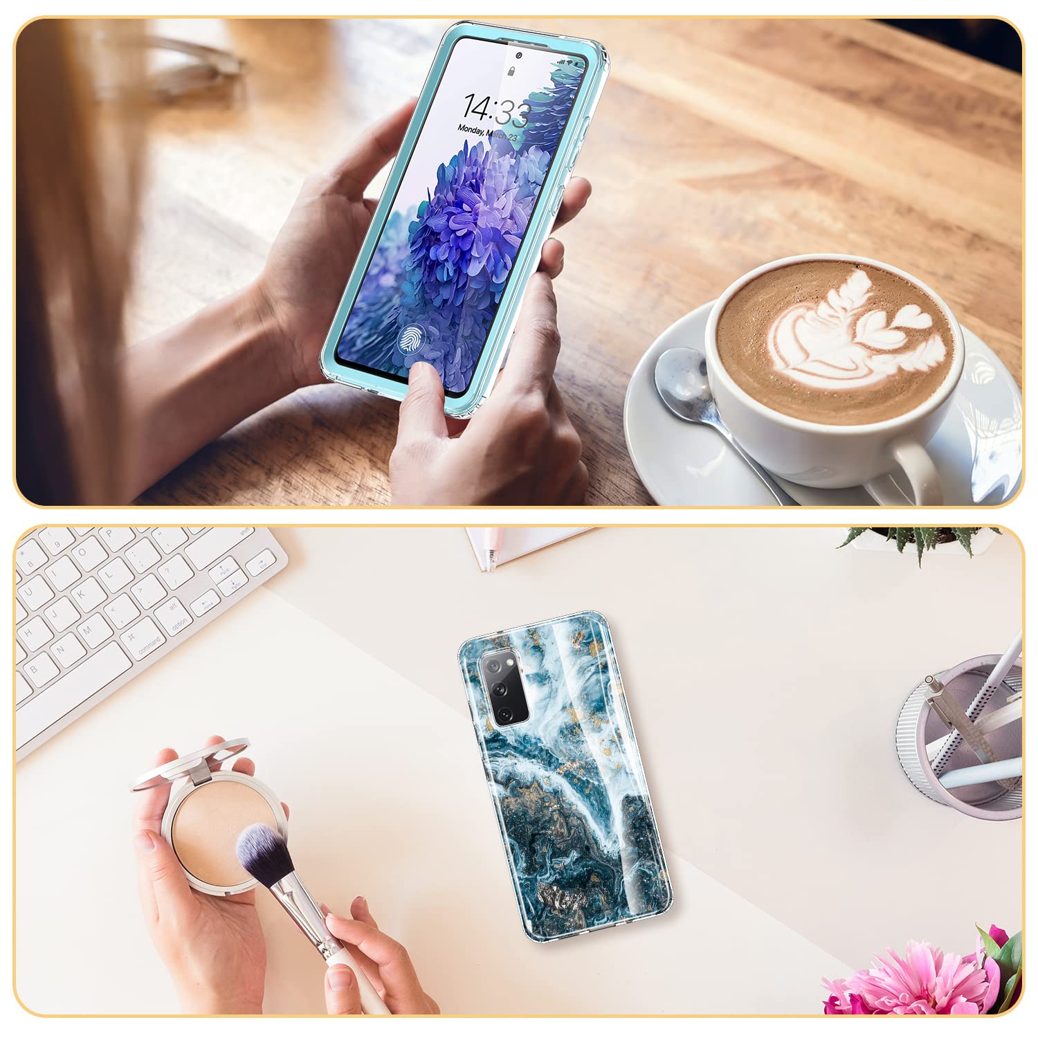 Esdot Compatible with Samsung Galaxy S20 FE Case with Built-in Screen Protector,with Fashionable Designs for Women Girls,Protective Phone Case for Galaxy S20 FE 6.5" Opal Marble Teal