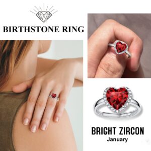 Bestyle 925 Sterling Silver Created Diamond Rings Heart Crytsal Rings for Women, 8mm January Granet Birthstone Gemstone Rings Illuminated by 1mm White Cubic Zirconia