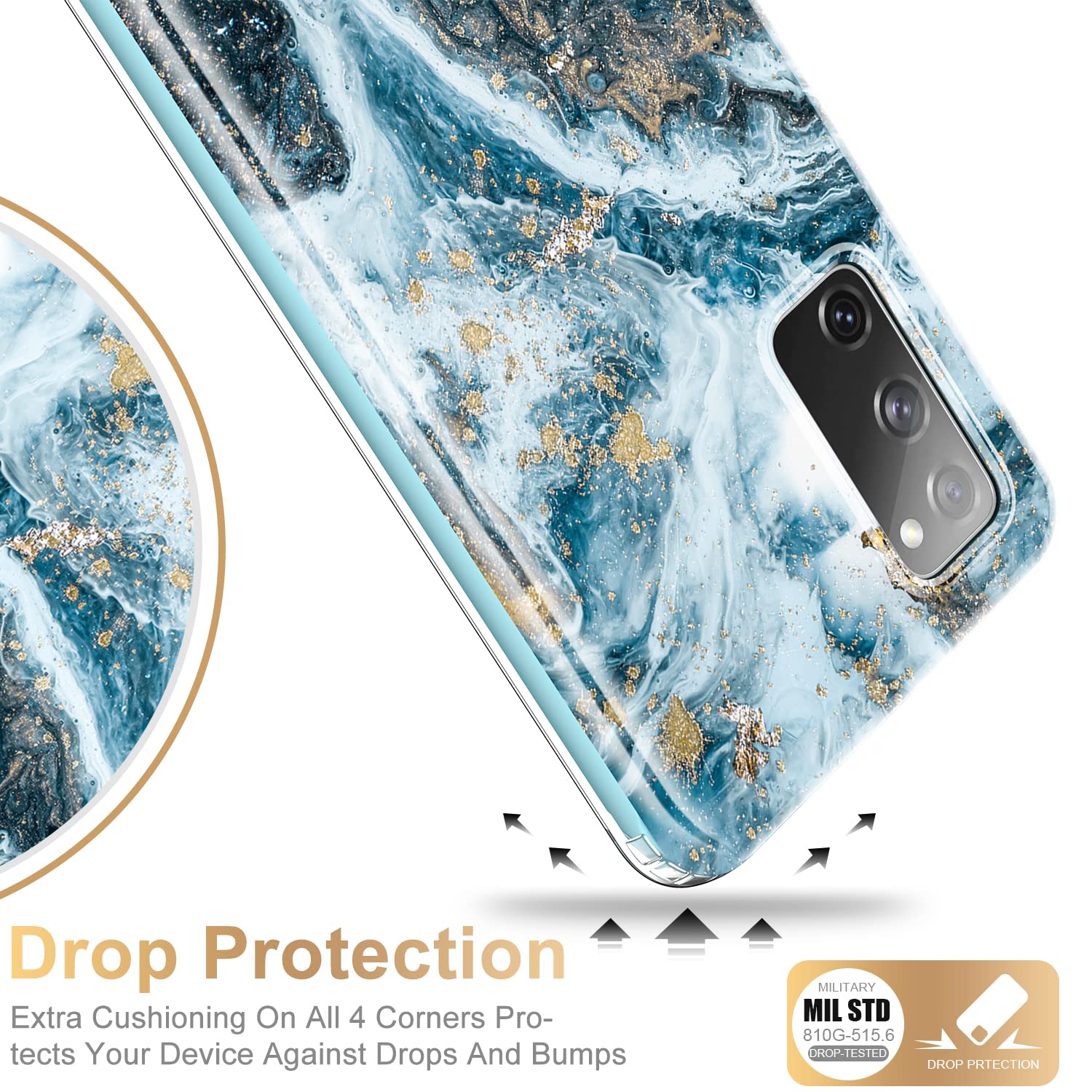 Esdot Compatible with Samsung Galaxy S20 FE Case with Built-in Screen Protector,with Fashionable Designs for Women Girls,Protective Phone Case for Galaxy S20 FE 6.5" Opal Marble Teal