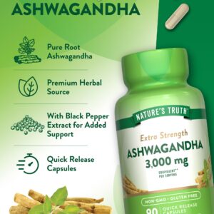 Nature's Truth Ashwagandha Capsules | 3000mg | 90 Count | Extra Strength | Ashwagandha Root Supplement with Black Pepper | Non-GMO & Gluten Free Supplement