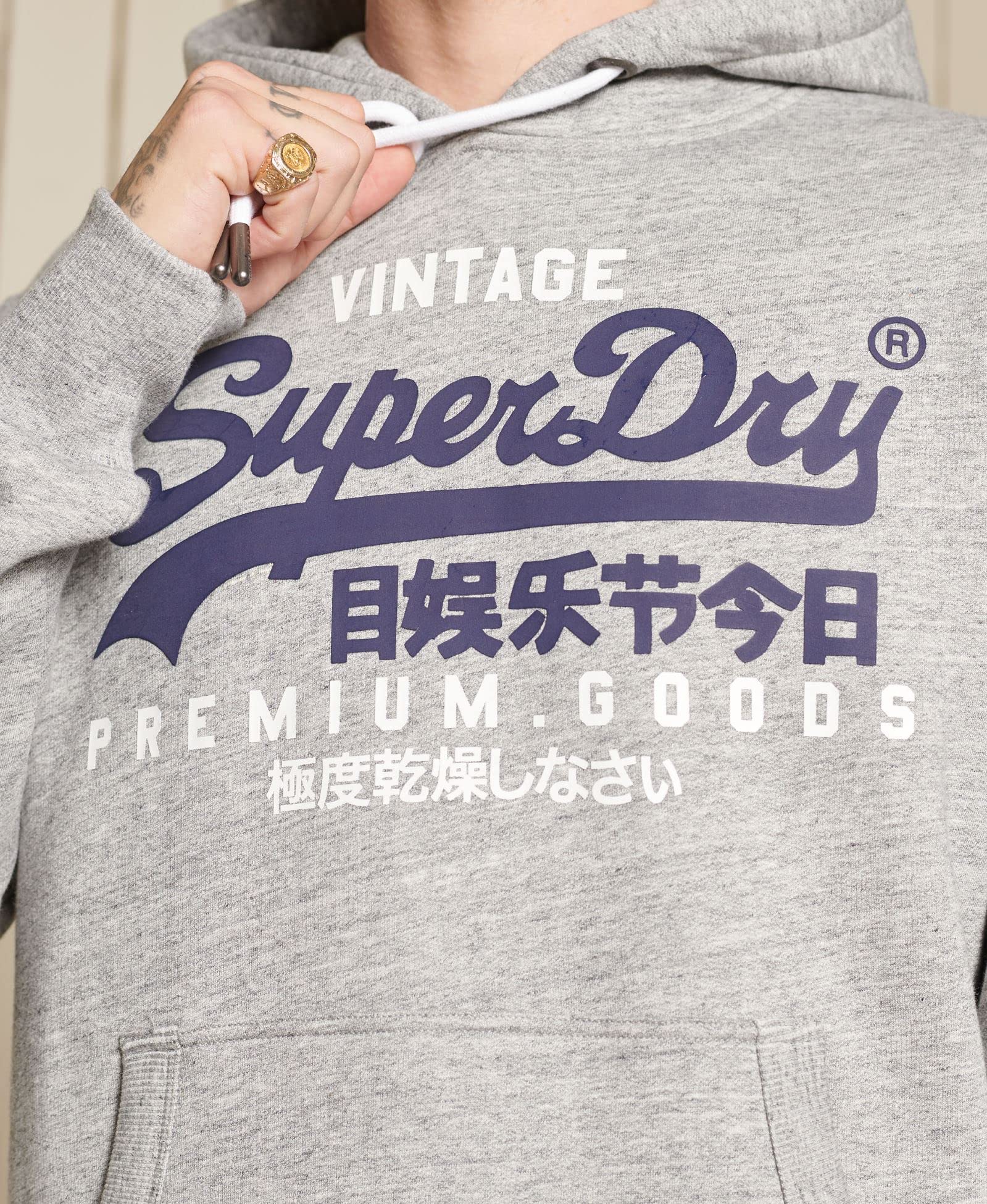 Superdry Mens Organic Cotton Vintage Logo Hoodie, Slim Fit Grey Marl Size Xl