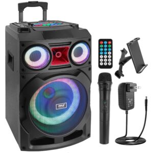 pyle portable bluetooth pa speaker system - 800w 10” rechargeable speaker, tws, party light, led display, fm/aux/mp3/usb/sd, wheels - wireless mic, remote control, tablet holder included - php210djt