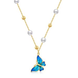 14k real gold butterfly necklace for women,yellow gold pearl butterfly pendant+chain with 8 pcs pearls,anniversary birthday jewelry gifts for wife mom,16"+2" (style-1)