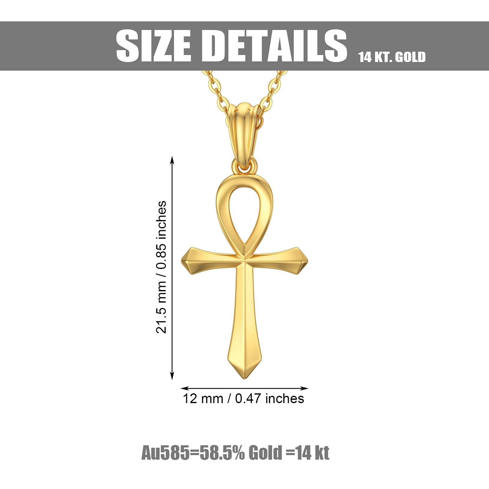 WSX Solid 14k Yellow Gold Egyptian Ankh Cross Pendant Necklace for Women Polished Egypt Jewelry Religious Charm Gift for Her