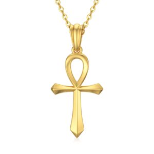 WSX Solid 14k Yellow Gold Egyptian Ankh Cross Pendant Necklace for Women Polished Egypt Jewelry Religious Charm Gift for Her