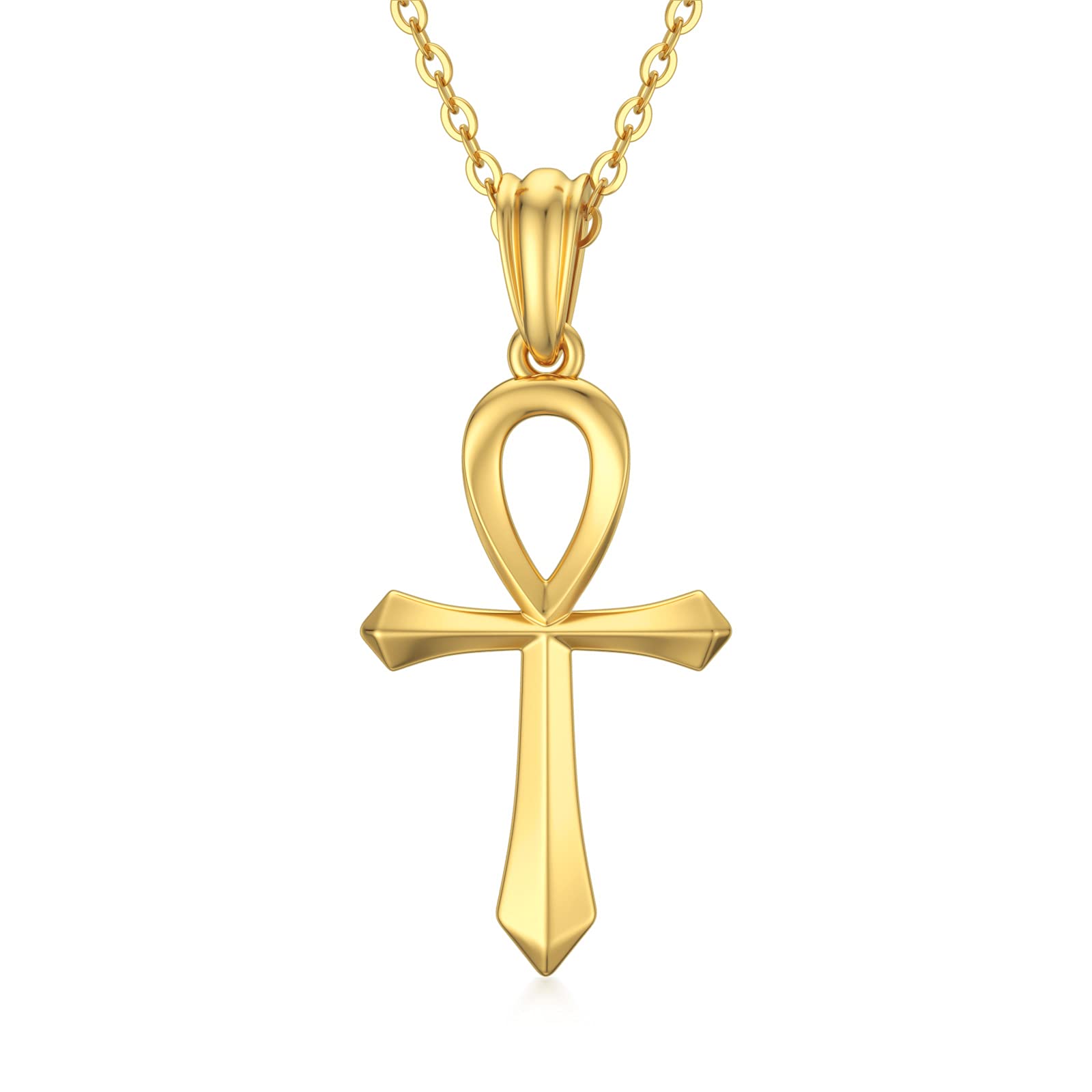 WSX Solid 14k Yellow Gold Egyptian Ankh Cross Pendant Necklace for Women Polished Egypt Jewelry Religious Charm Gift for Her