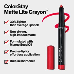 REVLON ColorStay Matte Lite Crayon Lipstick with Built-in Sharpener, Smudge-proof, Water-Resistant Non-Drying Lipcolor, 001 Tread Lightly, 0.049 oz