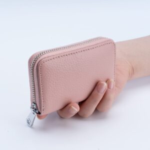 Meowoo Credit Card Holder RFID Blocking Genuine Leather Mini Credit Card Wallet Purse with Zipper for Women Men (Pink)