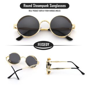 FEISEDY Retro Steampunk Polarized Sunglasses Round Metal Frame Gothic Shades Design Men Women B2820