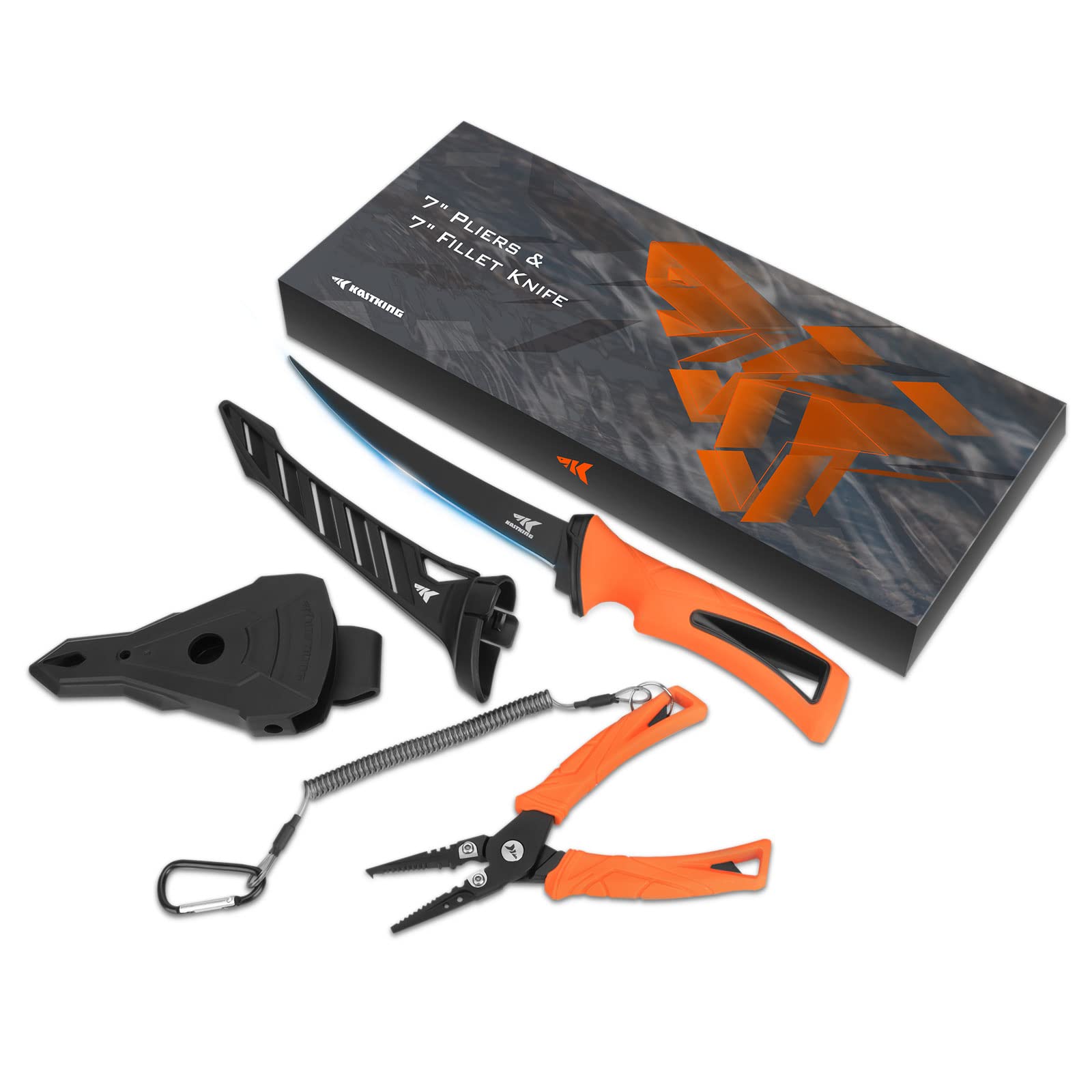 KastKing 7-inch Fishing Pliers and Filet Knife with Molded Sheath, 420 Stainless Steel Fishing Pliers, G4116 Corrosion Resistant Fillet Knife, 7'' Split Ring Plier and 7'' Fillet Knife, Orange