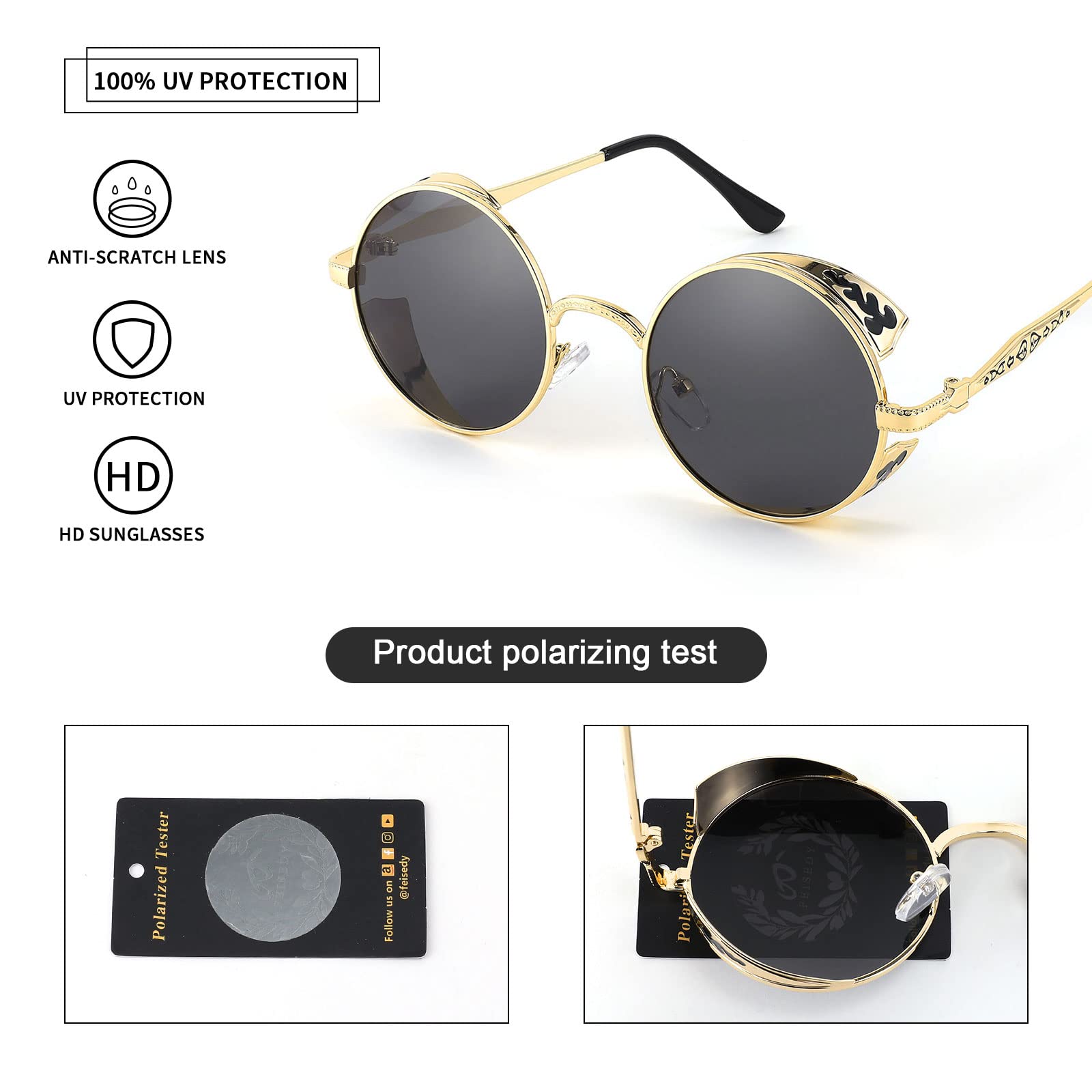 FEISEDY Retro Steampunk Polarized Sunglasses Round Metal Frame Gothic Shades Design Men Women B2820