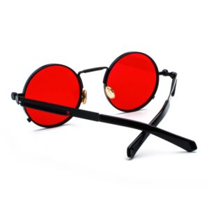 EYLRIM Round Steampunk Sunglasses Hippie Circle Glasses Gothic Metal Frame 100% UV Blocking Lens(Black/Ocean Red)