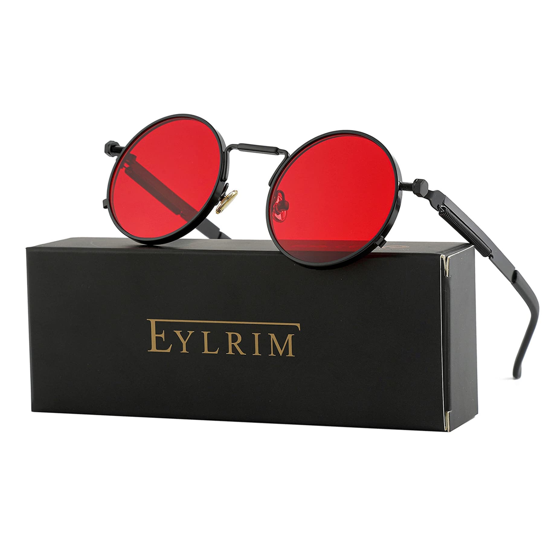 EYLRIM Round Steampunk Sunglasses Hippie Circle Glasses Gothic Metal Frame 100% UV Blocking Lens(Black/Ocean Red)