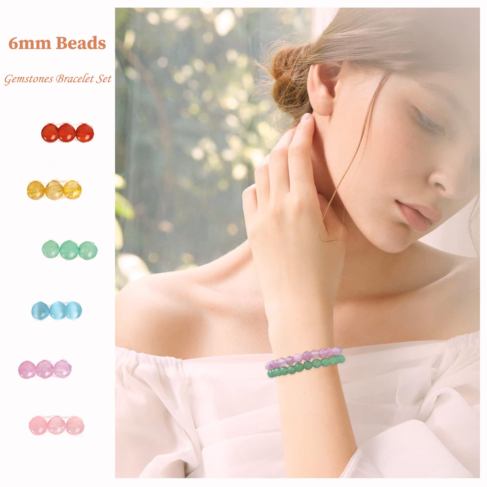 JEWPARK 12Pcs 6mm Gemstone Beaded Bracelets for Women Tiny Crushed Stone Crystal Couples Unisex Stretch Bracelets Jewelry