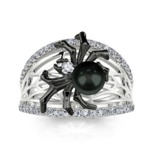 Jeulia 2.06ct Sterling Silver Black Skull Ring Women Men Spider Engagement Rings Pear Cut Red Diamond Skull Ring Gothic Black Pearl Spider Promise Ring Band Halloween Jewelry (Black Widow, J-½)