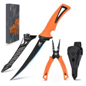 KastKing 7-inch Fishing Pliers and Filet Knife with Molded Sheath, 420 Stainless Steel Fishing Pliers, G4116 Corrosion Resistant Fillet Knife, 7'' Split Ring Plier and 7'' Fillet Knife, Orange