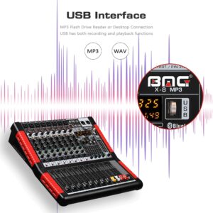 BOMGE X-8 Professional 8 Channel Audio Mixer Sound Board Mixing Console 8 Mic/Line Input Interface USB/MP3/Bluetooth Input 48V Phantom Power 24 FX DSP For PC, Studio Recording, Live Performance